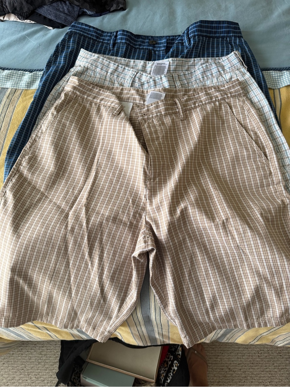 adidas Men’s Plaid Flat Front Shorts - Beige & Blue 3 pairs of shorts